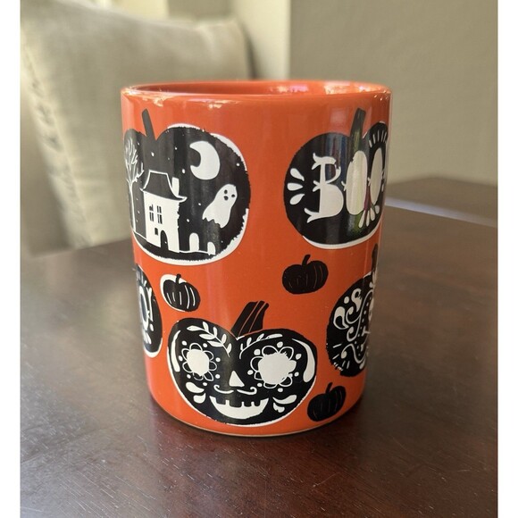 Crate and Barrel Halloween Orange Black Pumpkin Jack o Lanterns Mug Coffee Tea - Picture 2 of 5